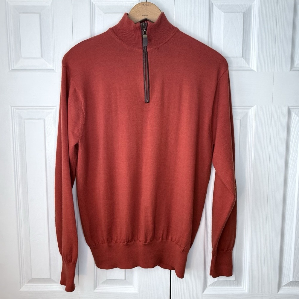 Orvis‎ Sweater Mens MEDIUM Red 100%-Merino Wool Pullover 1/4 Zip Mock Neck
